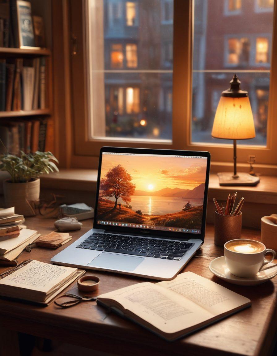 An enchanting workspace filled with books, pens, and a glowing laptop screening a captivating story, surrounded by floating words and illustrations symbolizing creativity and blogging. Soft sunlight streaming through a window, casting warm light over a coffee cup and a notepad with doodles. The atmosphere is inspiring and inviting, reflecting the essence of storytelling in the digital age. super-realistic. warm colors. cozy ambiance.