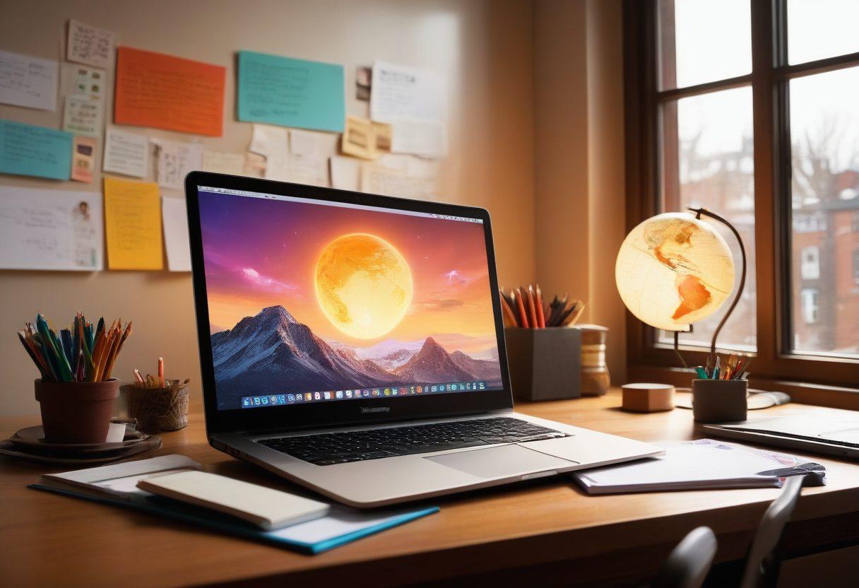 A dynamic workspace featuring a modern desk cluttered with notebooks, pens, and a laptop displaying an open online journal. The background showcases a large window with natural light streaming in, illuminating thought bubbles representing ideas and trends. Incorporate elements like digital graphs and a globe to symbolize impact and global outreach in writing. The scene should evoke inspiration and creativity. super-realistic. vibrant colors. cozy atmosphere.