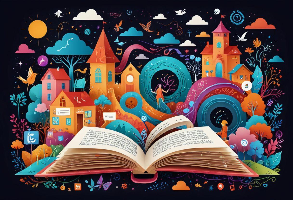 A whimsical landscape featuring a diverse range of creative characters brainstorming around a giant digital screen displaying vibrant social media icons. Incorporate elements of storytelling such as an open book, flowing narratives, and interconnected paths symbolizing different blog journeys. Warm, inviting colors with a touch of modern technology, showcasing the fusion of creativity and digital tools. illustration, vibrant colors, 3D.